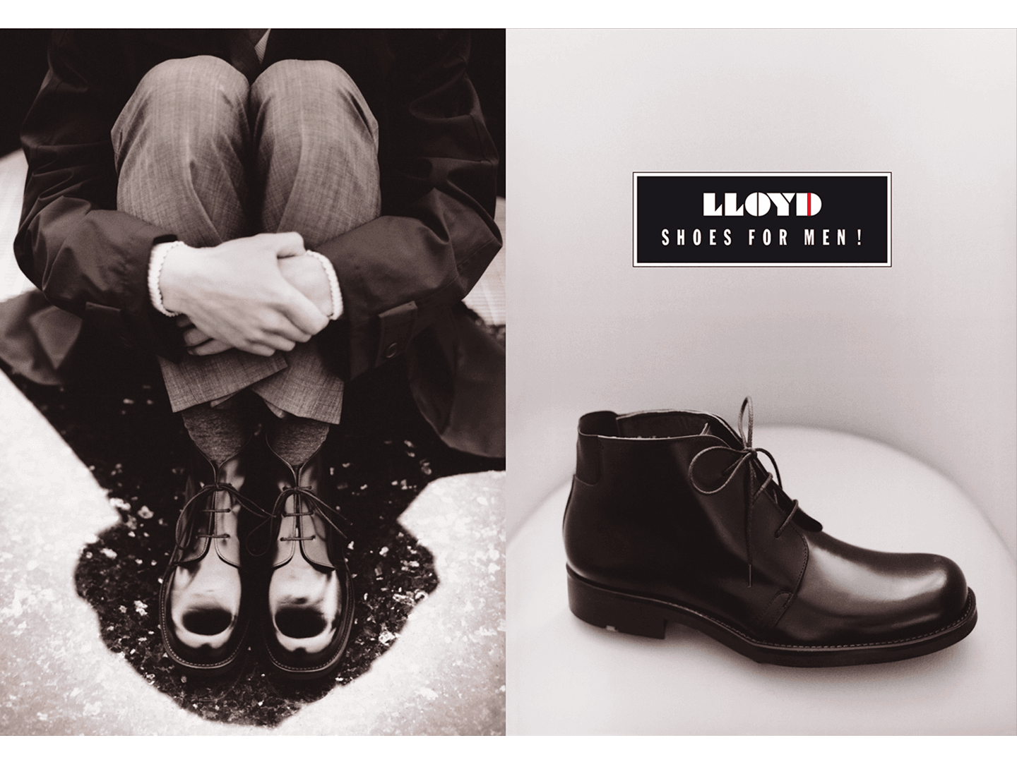 Klassisches Schuhmotiv in Schwarz-Weiß mit Markenlogo. Zeitloses Keyvisual für Modekampagnen, Produktinszenierungen und Branding im Premiumsegment.