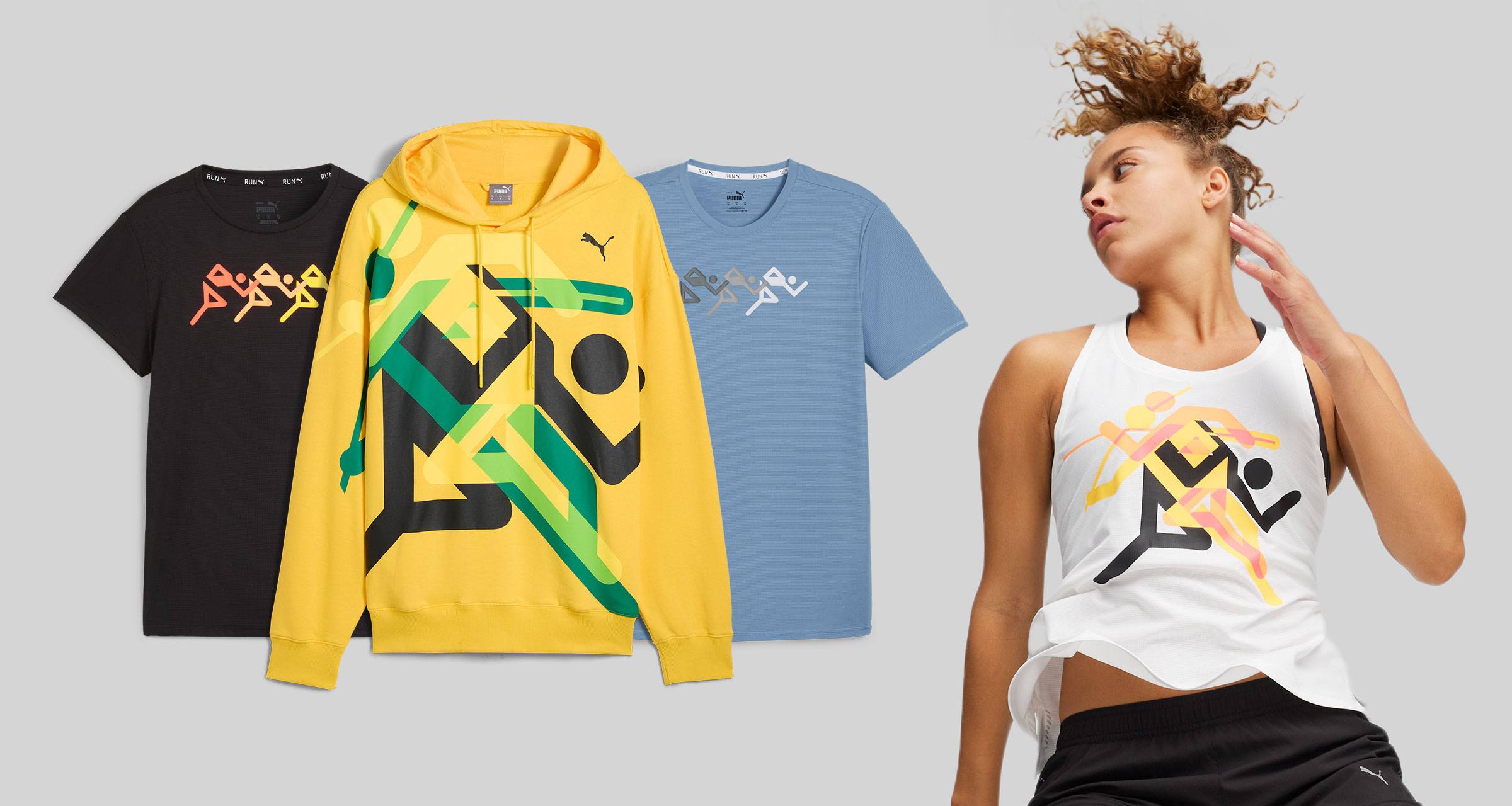 Farbige PUMA Sportkleidung mit ikonischem Grafikdesign und Sportlerin in Action. Starke Markeninszenierung f&uuml;r Kampagnen und Lifestyle.